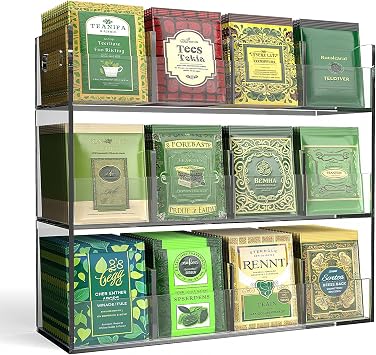 Jumyee 12 Compartment Acrylic Tea Bag Organizer Display | No Assembly Required, Portable Tea Organizers and Storage, Vertical Coffee & Tea Station Display Rack for Home Office