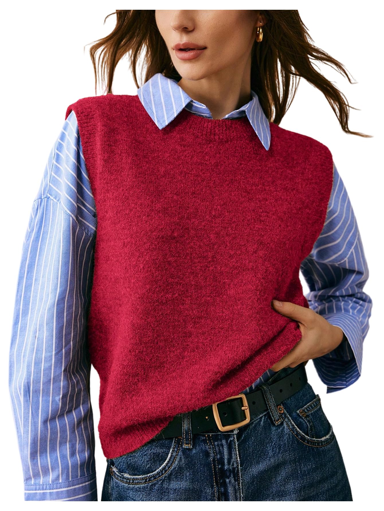 OYOANGLE Womens Sweater Vest Crew Neck Sleeveless Sweater Tops Basic Solid Pullover Tank Tops