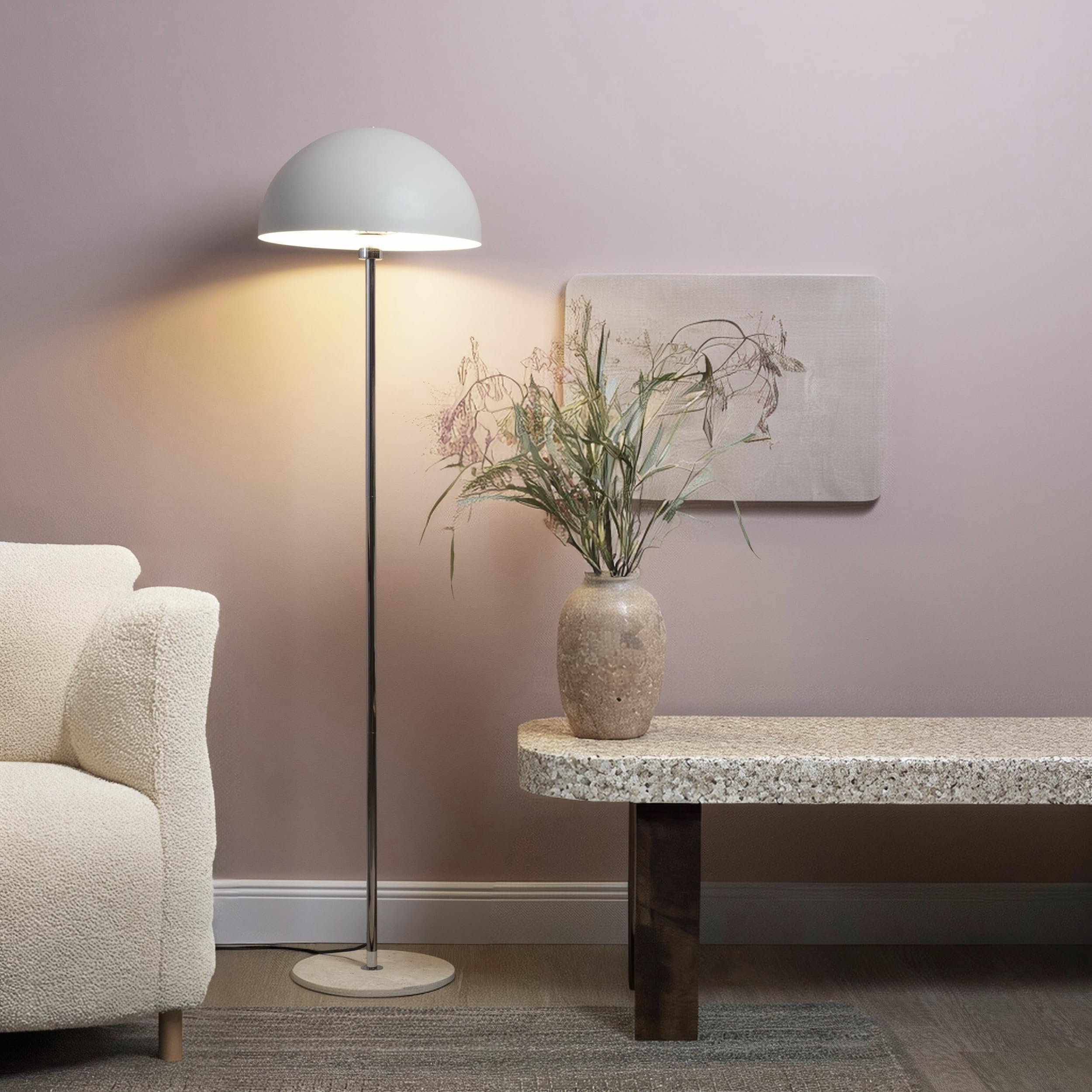 Lightbox Pilz-Stehlampe | 150 cm Höhe, Ø 40 cm | Stehleuchte mit Standfuß aus Travertine Stein & Fuß-Druck-Schalter | E27 | Flur Lampe | aus Metall in Hell- bis Dunkel-Beige/Silberfarben