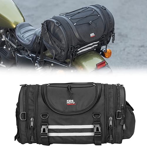 KEMIMOTO Bolsas de Motocicleta 18-20L Expandibles para Cola de Motocicleta con Barra Sissy Resistente al Agua, Bolsa de Asiento Trasero Enrollable