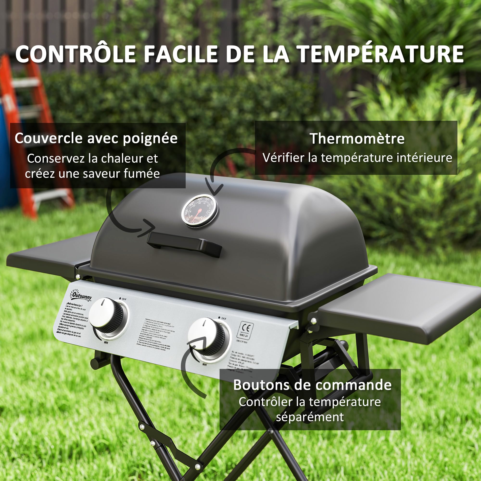 Outsunny Barbecue Gaz Transportable Pliable, 2 Brûleurs 5,6 kW, Barbecue Gaz de Camping avec Grille de Cuisson, Étagères Latérales, Couvercle, Thermomètre et Roues, pour Camping Jardin Balcon, Noir