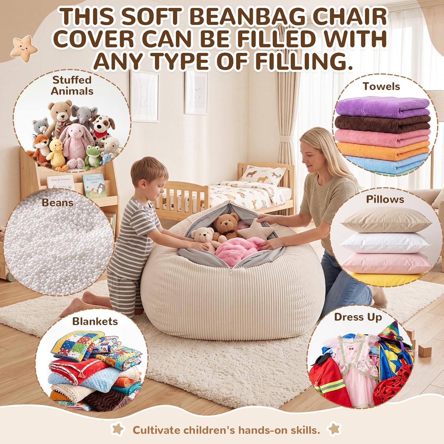 Mindsoft Stuffed Animal Storage Bean Bag Chair Cover for Kids (No Filler)