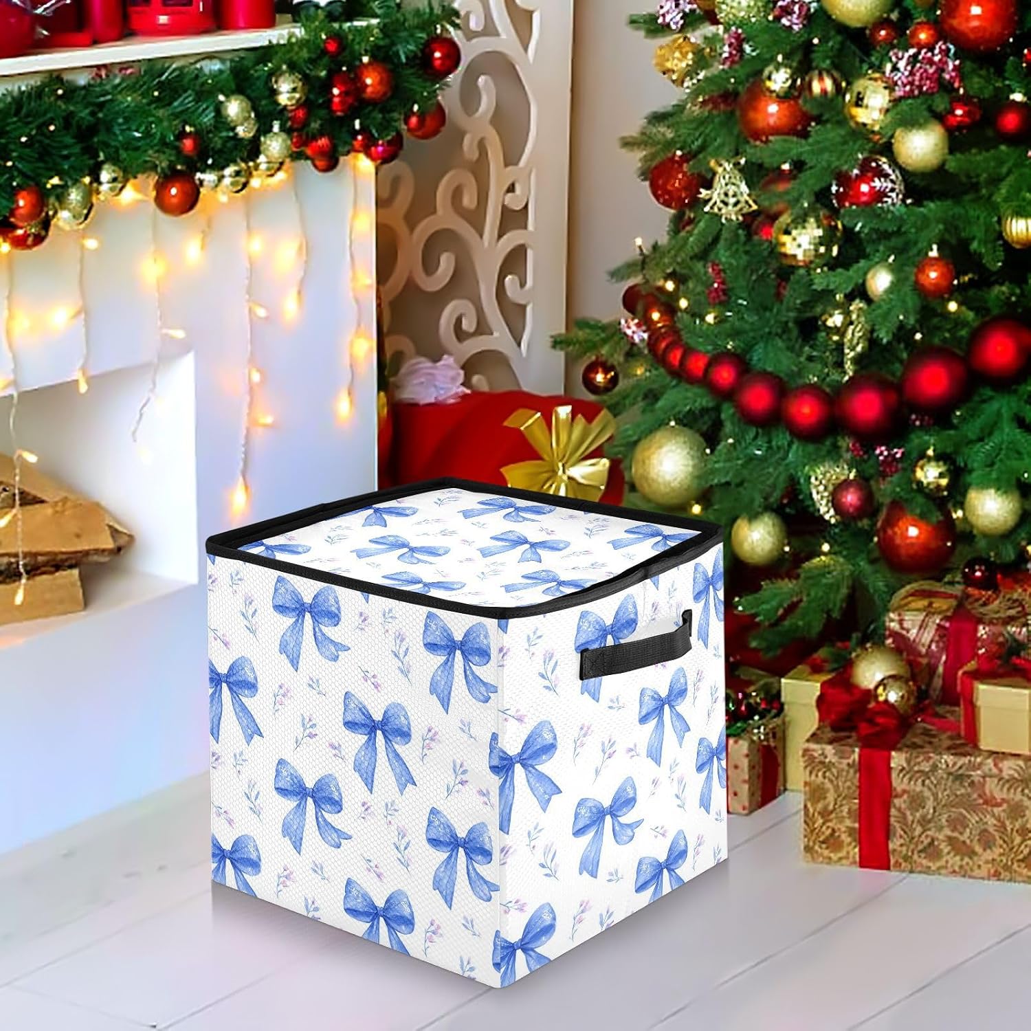 Bow Decor Soft Blue Christmas Ornament Storage,Stores up to 64 Holiday Ornament,Adjustable Dividers,Zippered Top,Two Handles Attractive Storage Box Keeps Decorations Clean