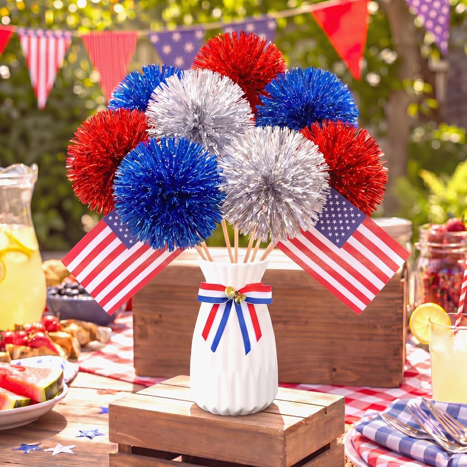 Sabary 12 Pcs Large 4th of July Fireworks Decorations Patriotic Pom Pom Picks Red Blue Silver Foil Sticks Independence Day Party Table Decor for Labor Veteran Memorial Day Supplies