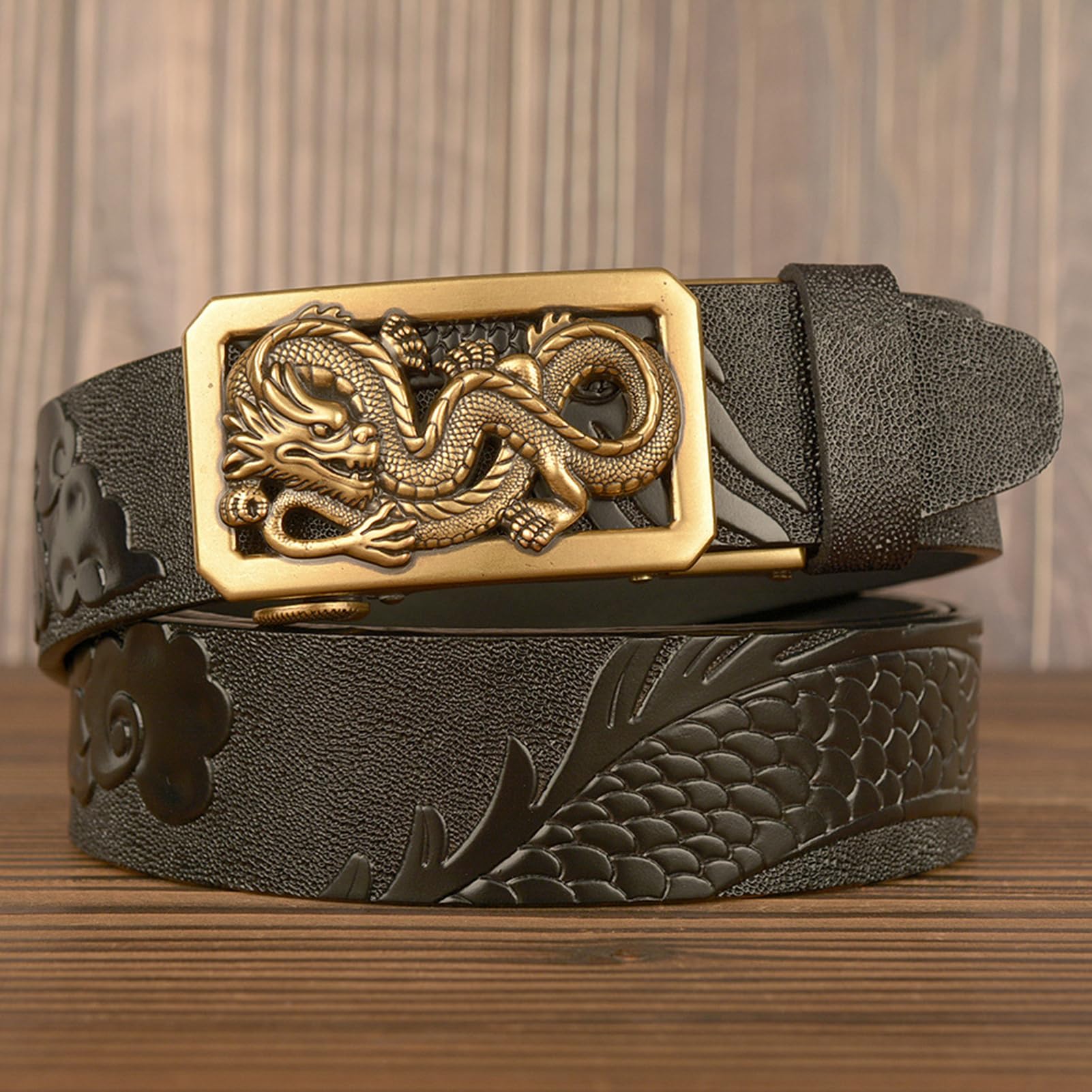 Cinturón De Trinquete Deslizante Con Dragón Grabado Y Hebilla Automática Ajustable. Clásico, Estilo Casual