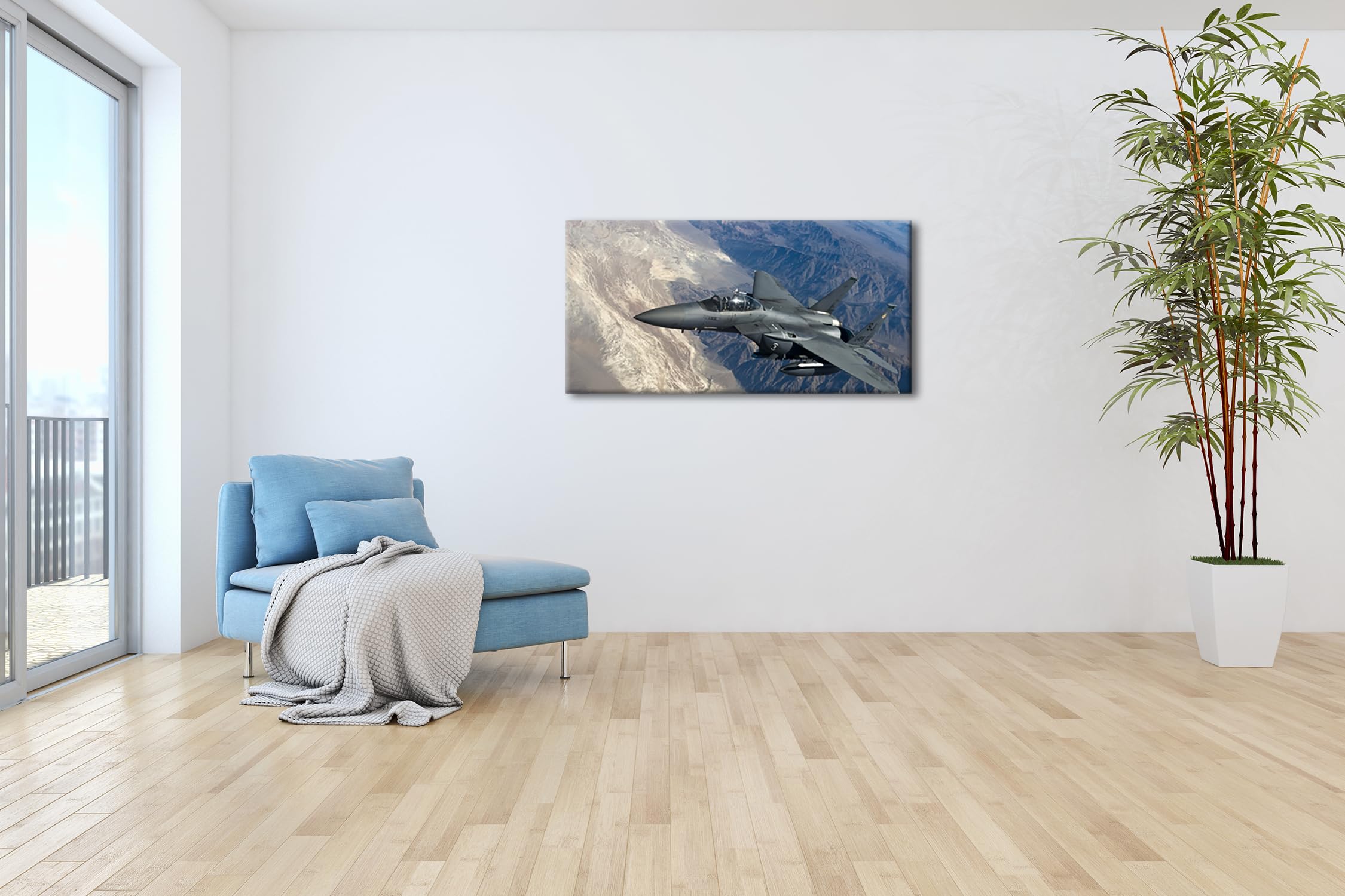 gewaltiger Kampfjet über den Bergen Panorama 100x50 cm als Leinwandbild, Motiv fertig gerahmt auf Echtholzrahmen, Hochwertiger Digitaldruck mit Rahmen