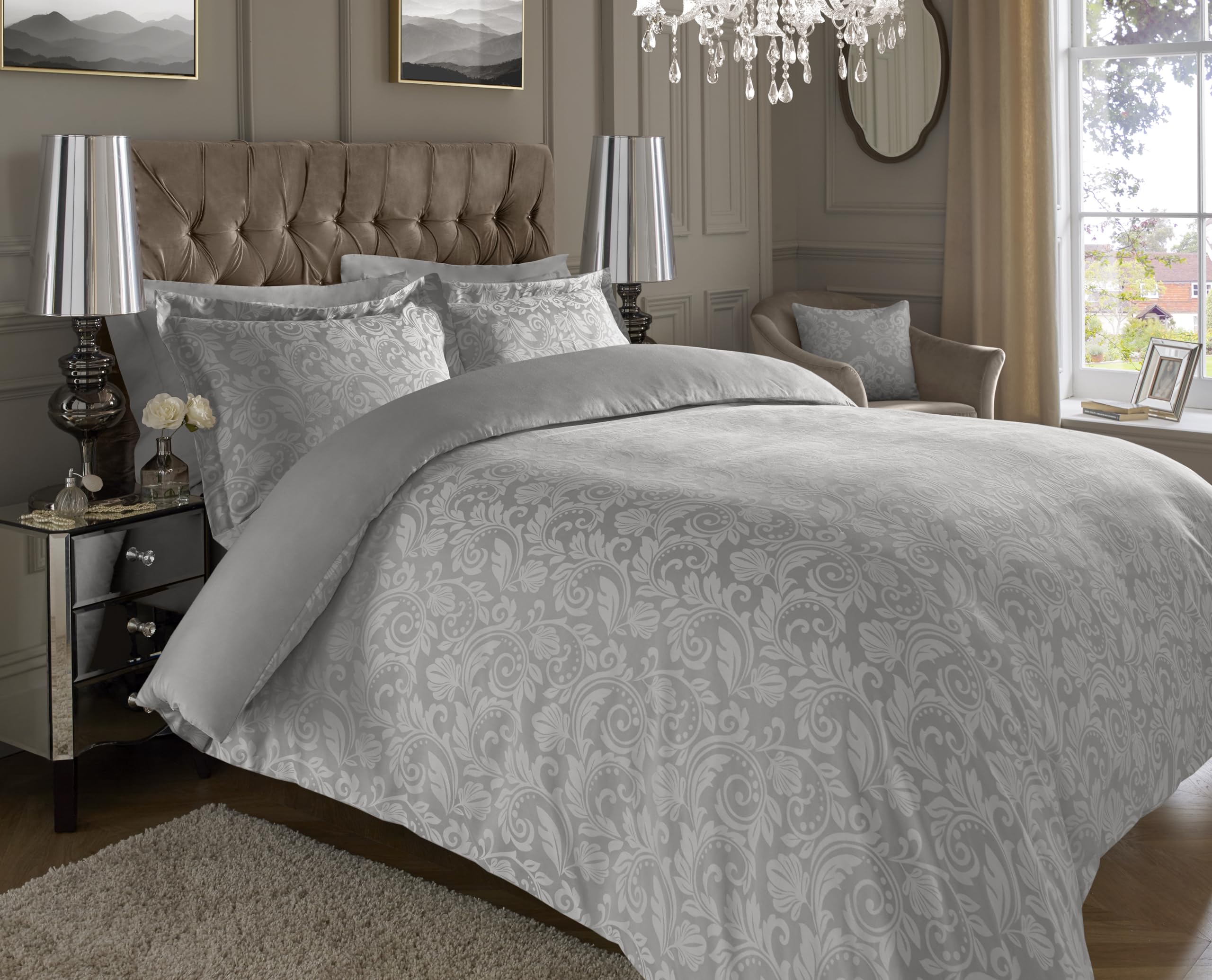 Lavish Label 600 Thread Count Floral Jacquard Duvet Set (230 x 220 CM) with 2 Oxford pillowcases (45 x 75 CM) | Cotton Rich Soft & Comfortable Bedding Set (Silver, King)
