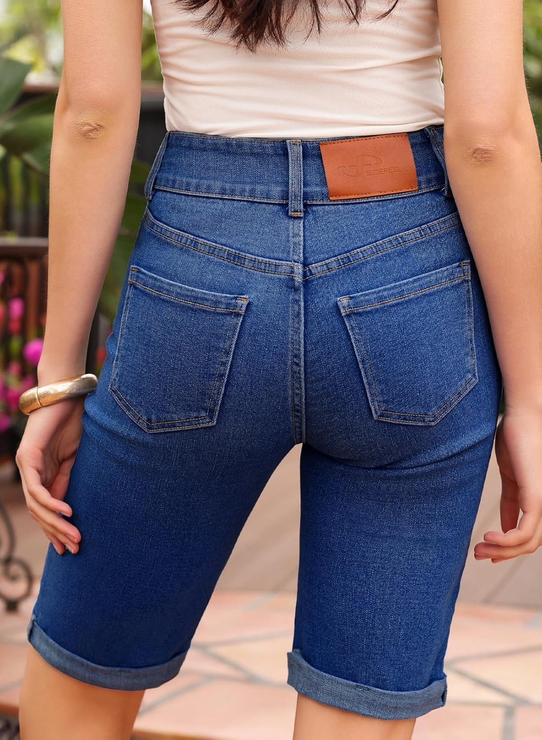 Sidefeel Women's Jean Shorts High Waisted Stretchy Bermuda Folded Hem Denim Summer Shorts - Image 5