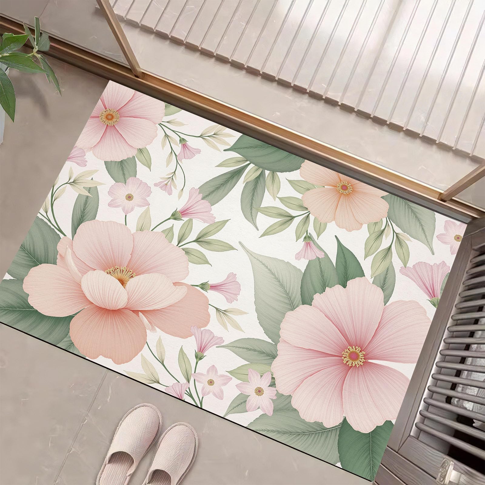 Paillasson cuisine lavable 60x90 floral et tapis entrée intérieur antidérapant rose