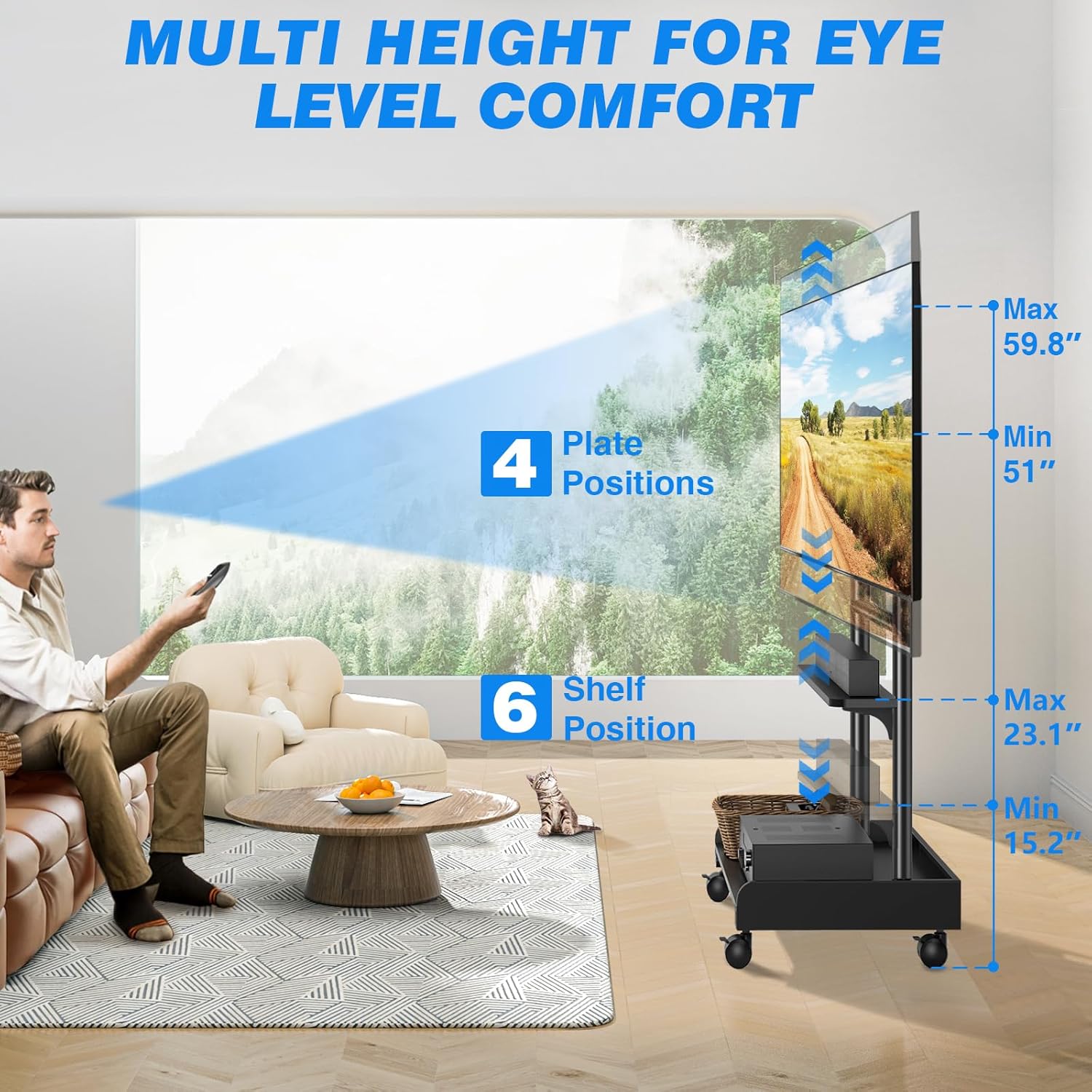 Rfiver Heavy Duty Rolling TV Stand with Wheels for Most 40-86 Inch TVs up to 150lbs, Height Adjustable Mobile TV Stand with Shelf, Floor TV Stand for Living Room, TV Cart Max VESA 600x400mm (Black)