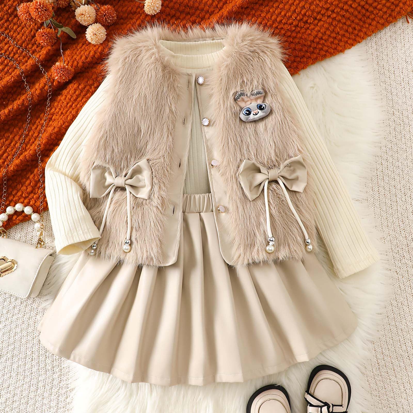 Generisch Gilet in pile alla moda, a maniche lunghe, con gonna a pieghe, set da tre pezzi per l'inverno, feste, scuola, tempo libero