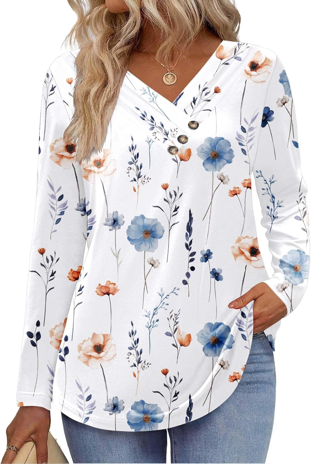 HOTOUCH Womens Fall Tunics Long Sleeve Tops Cross V Neck Shirts Loose Casual Blouses with Decor Button - Image 2