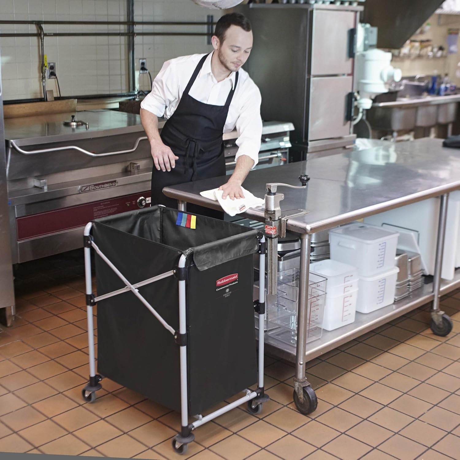 Rubbermaid Commercial Products, Collapsible X Cart, Black, Steel 4 Bushel Bin, Commercial Laundry Cart with Wheels for Hotel/Nursing Home/Home/College Easily Move Laundry/Supplies/Groceries