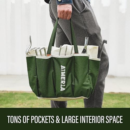 Miniatura 5 de Aimerla Juego de 9 herramientas de jardinería resistentes con agarre de goma antideslizante con bolsa de jardín grande para herramientas,