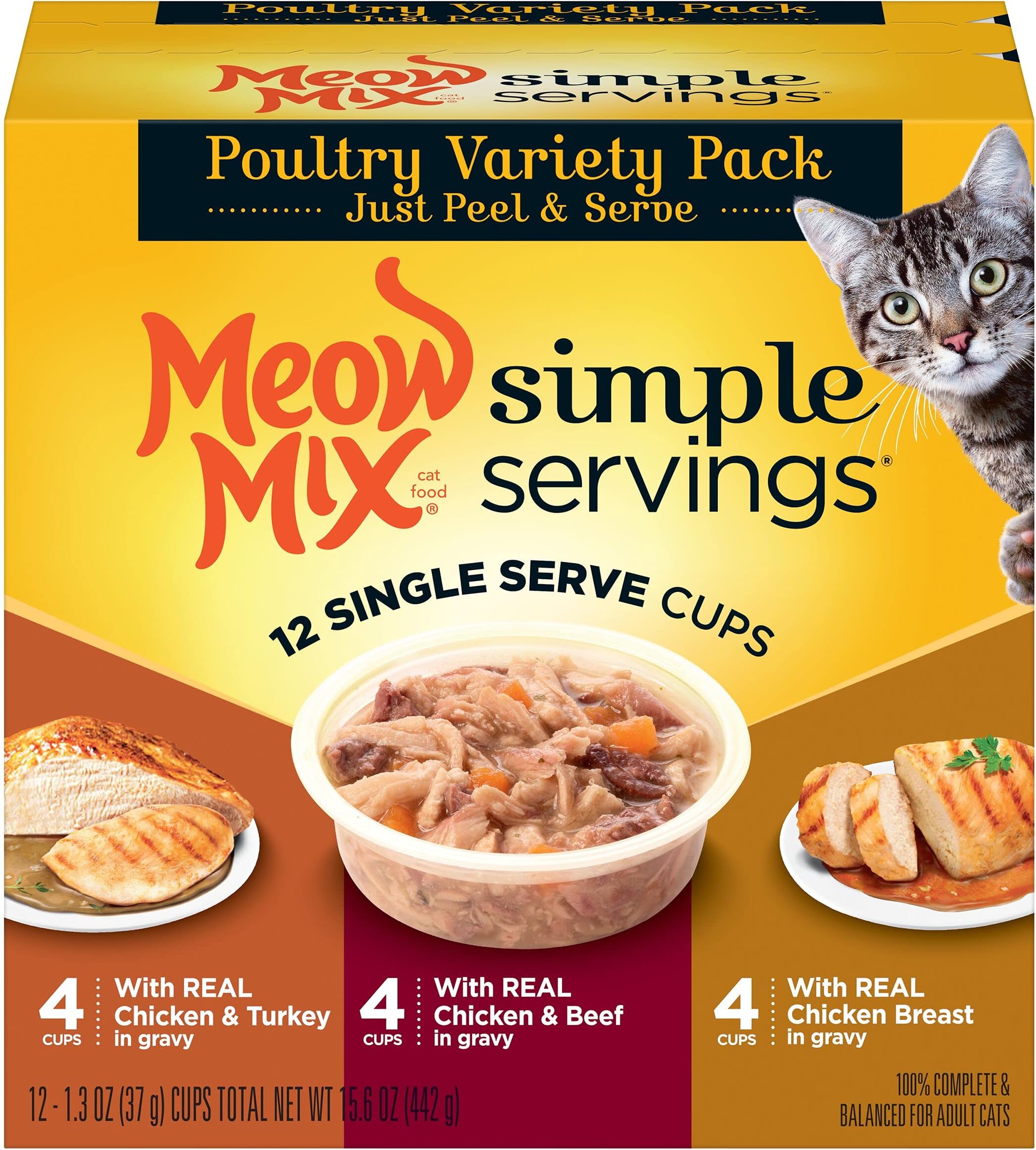 Meow Mix Simple Servings Wet Cat Food, Poultry Variety Pack, 1.3 Ounce (Pack of 12)