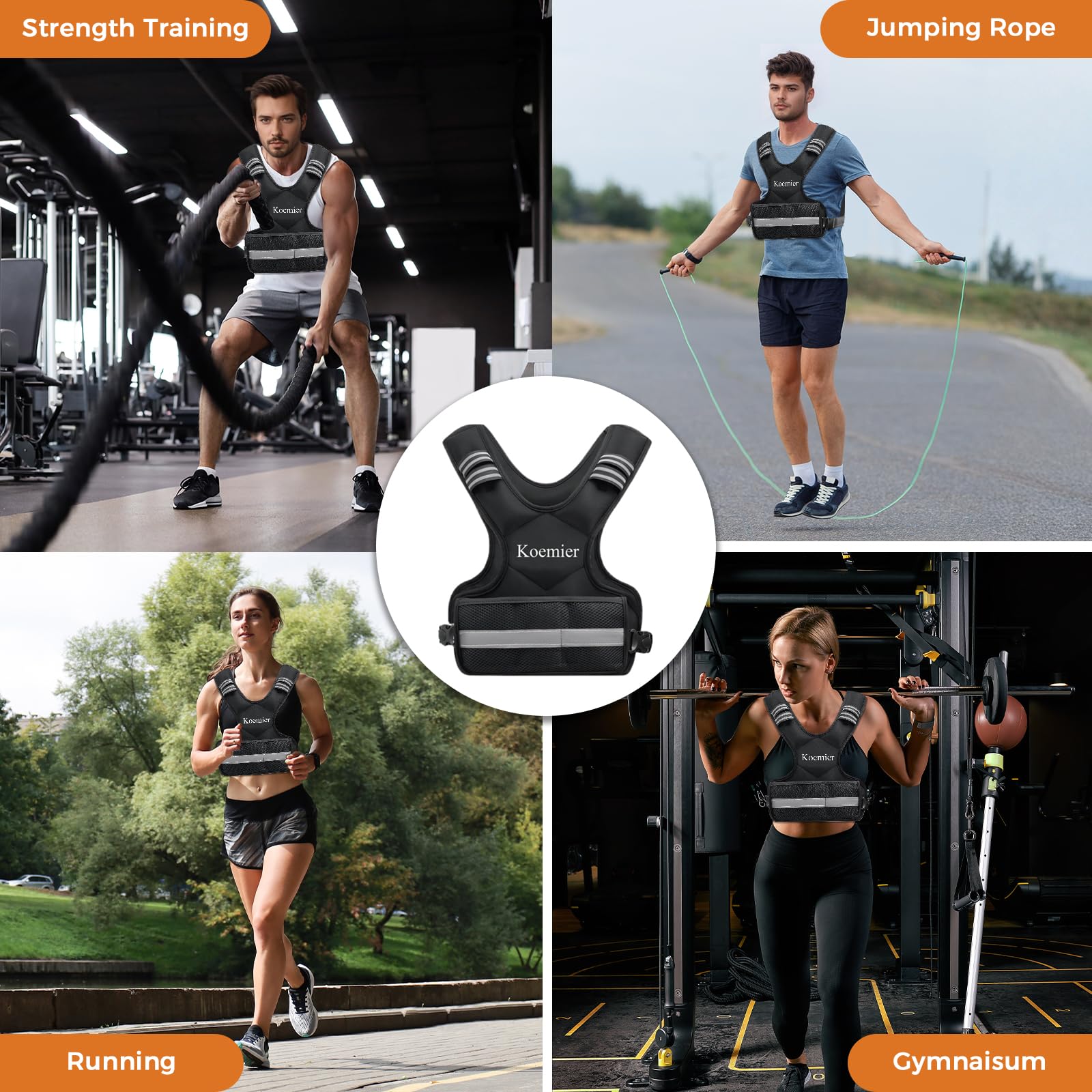 Chaleco con peso ajustable para hombres y mujeres, 1.8-4.5 kg/5.4-9.1 kg/9.1-14.5 kg con 6 pesos de arena de hierro con rayas reflectantes para entrenamiento de fuerza, correr, fitness