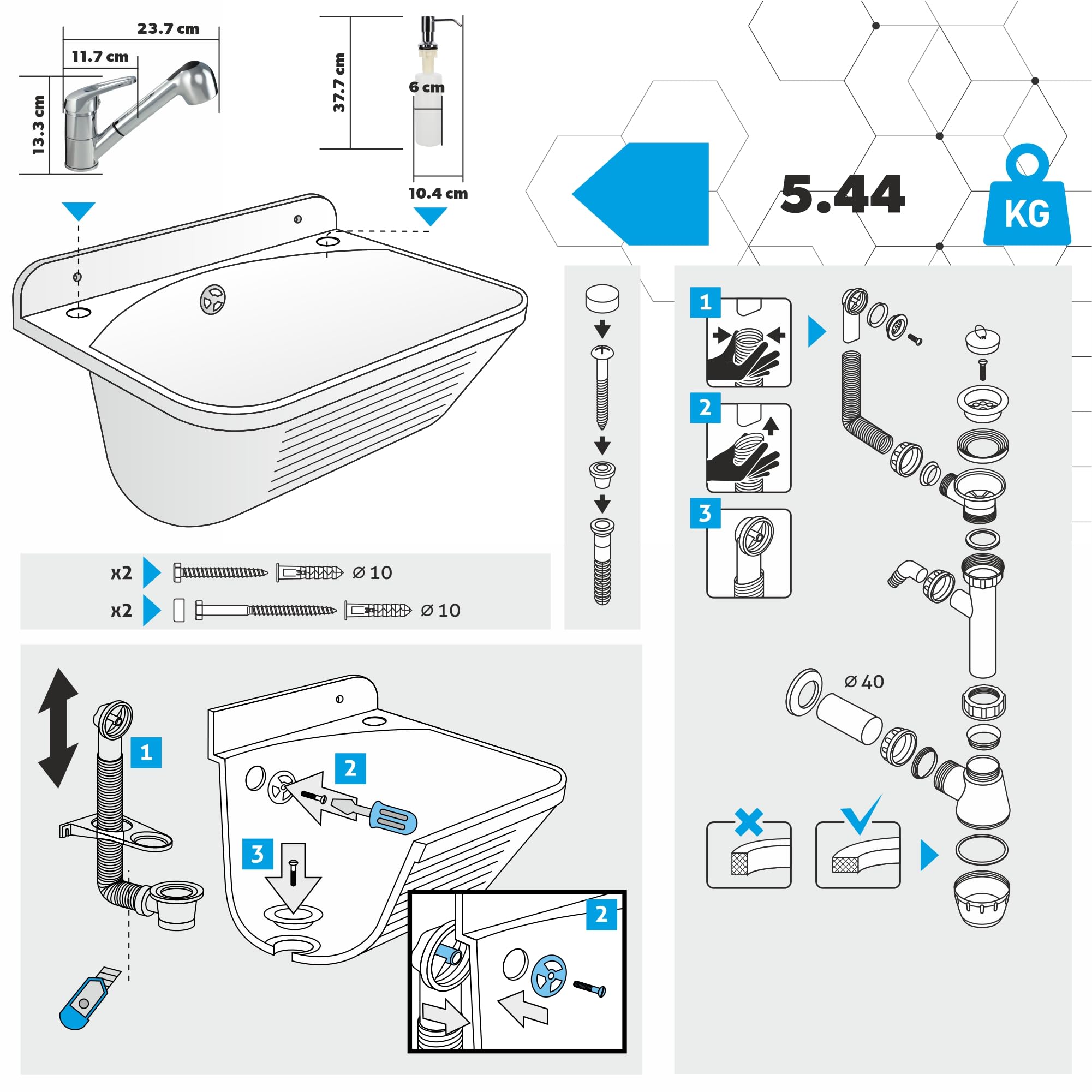 GOSPO Fregadero con grifo extensible, dispensador de jabón, sifón, lavabo, 46 x 36 x 20 cm, para garaje, sótano, lavabo, lavabo de pared, en placa, fregadero, incluye accesorios (blanco)