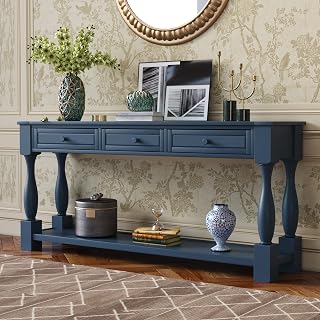 Merax Console Table, 64" Long Extra-Thick Entryway Table Sofa Table with 3 Drawers and Shelf for Entryway, Hallway, Living Room (Navy Blue)