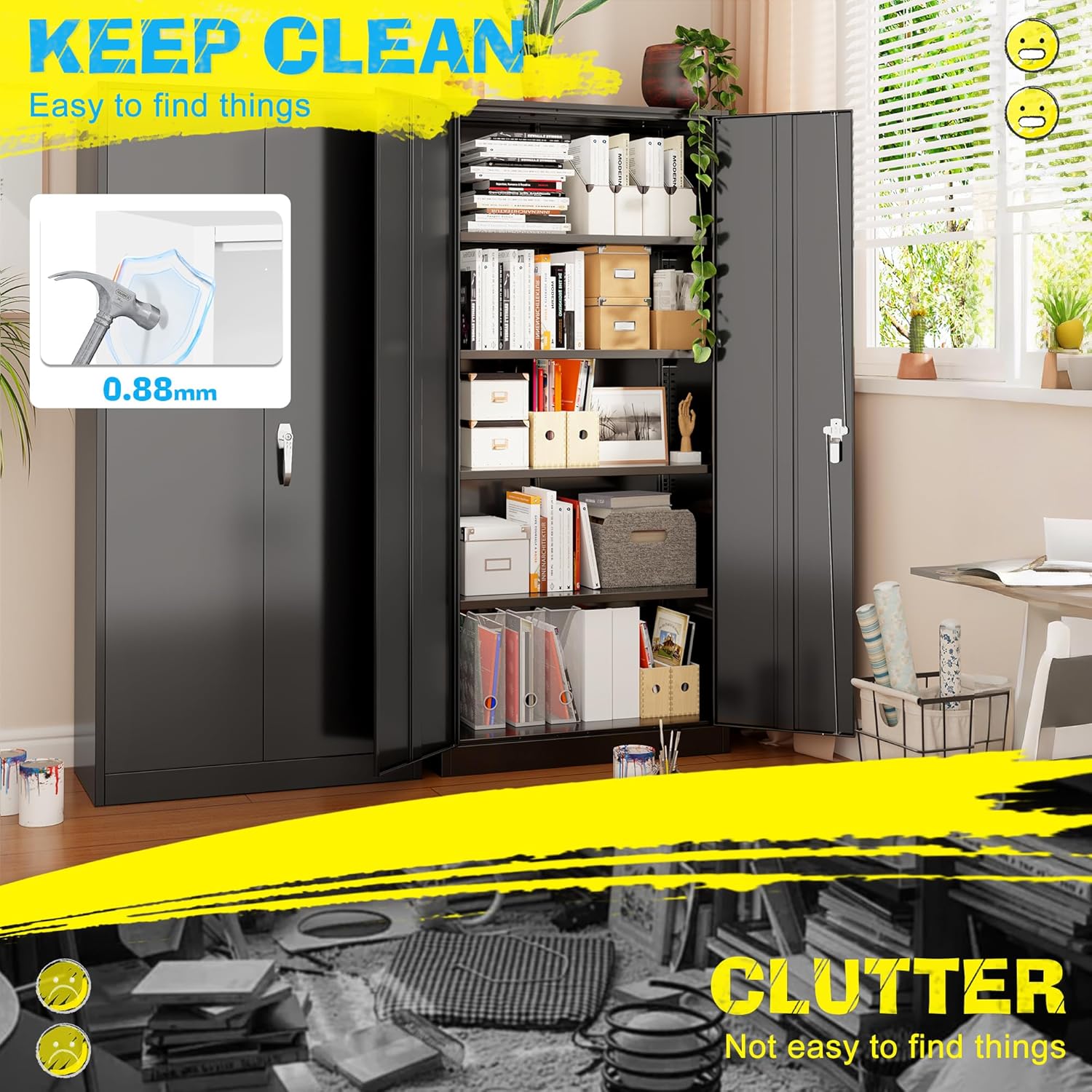 Pataku Metal Storage Cabinet, 72" Garage Cabinet with Doors and Shelves Lockable Steel Multifunctional Cabinets, Black File Cabinets for Home, Office, Garage, Warehouse(Black)