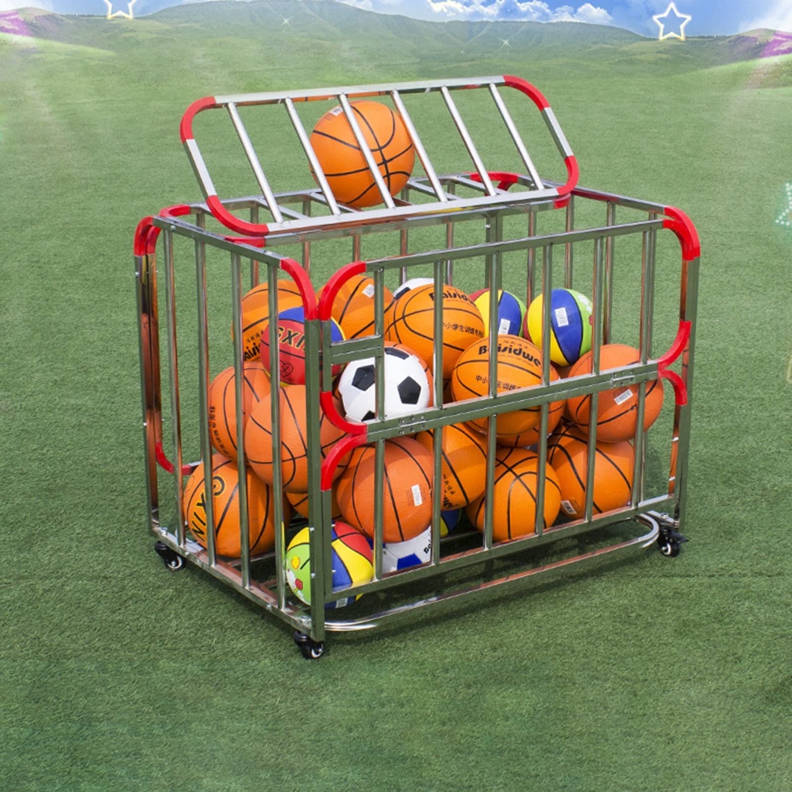 Ball Rack Storage Recreation Basketball Football Rack 3-Tier Sports Ball Storage Rack With Wheels ...