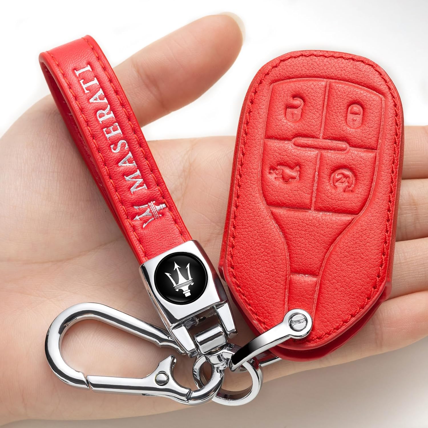 Key case for Maserati,Key Fob Cover Leather key holder Remote Key Protection Case Suit for 2013-up Maserati Quattroporte, Ghibli, 2017-up Levante Smart key for man and women, Models a Red