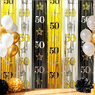 2 Pack Number 50 Foil Fringe Curtains 3.3x6.6 ft Photo Booth Backdrop | 50th Birthday Decorations Metallic Streamers Banner Cheers to 50 Years Old Men Women Happy 50th Anniversary Party Supplies