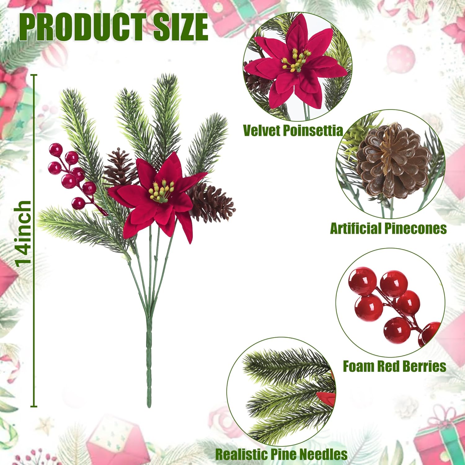 Sggvecsy 6Pcs Christmas Flowers Artificial Pine Branches Poinsettia Floral Picks 14’’ Red Berry Stems with Pinecones for Home Porch Garden Indoor Outdoor Holiday Xmas Decorations