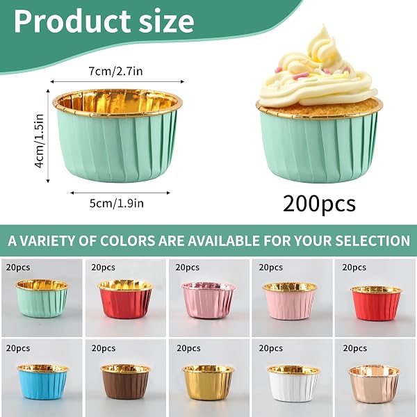 Pirottini per Muffin Carta, Pirottini Muffin, Cupcake 200 Pezzi, Cupcake Liners per Cottura, Dolci, Feste, Natale e Compleanni, Dimensioni Standard (Tinta unita) (Oro) - 2