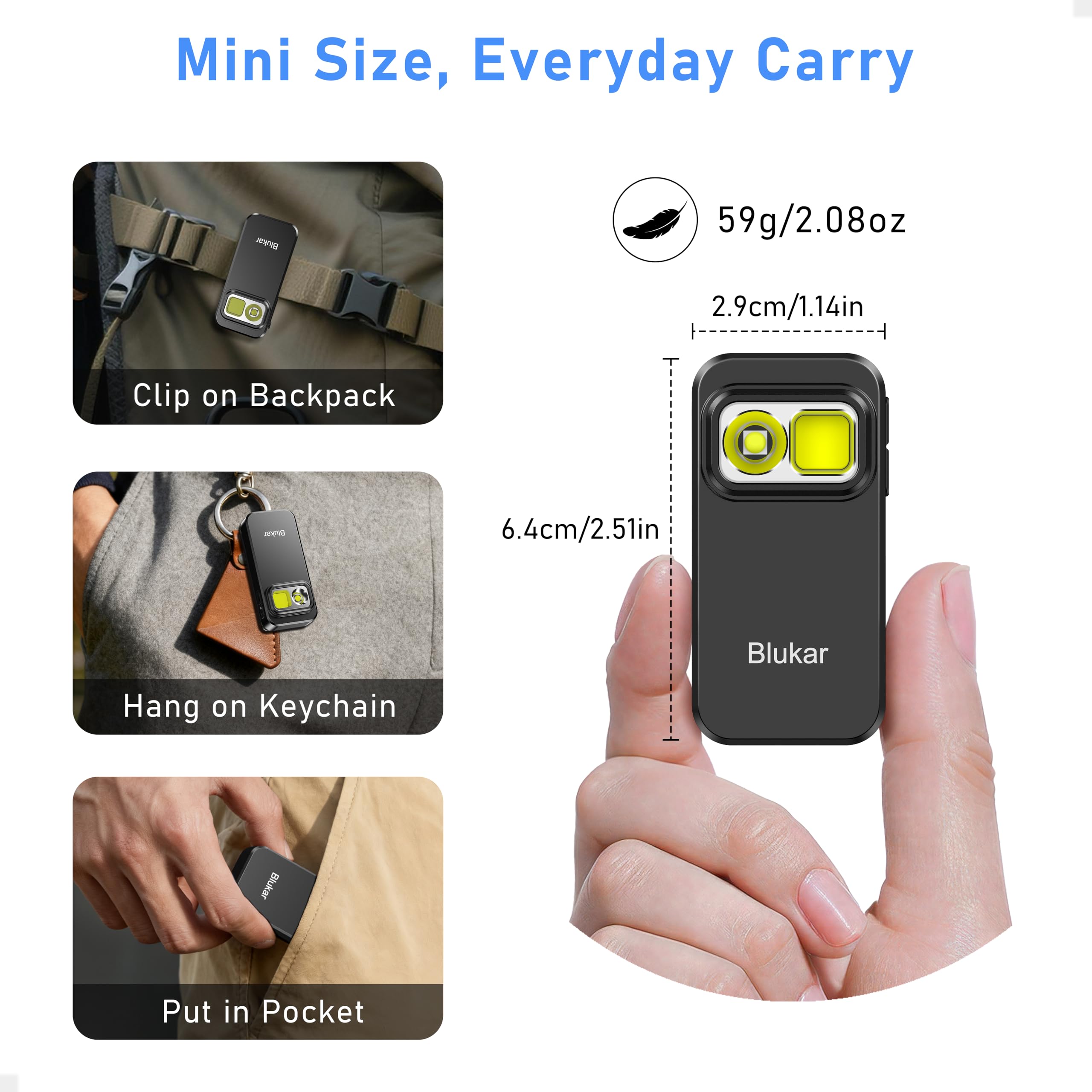 Blukar Torcia EDC con Clip, Super Luminoso Mini Torcia LED Ricaricabile Potente, 3 Fonti di Luce & 5 Modalità, Funzione di Memoria, Portatile Tascabile Flashlight per Campeggio/Emergenza/Trekking