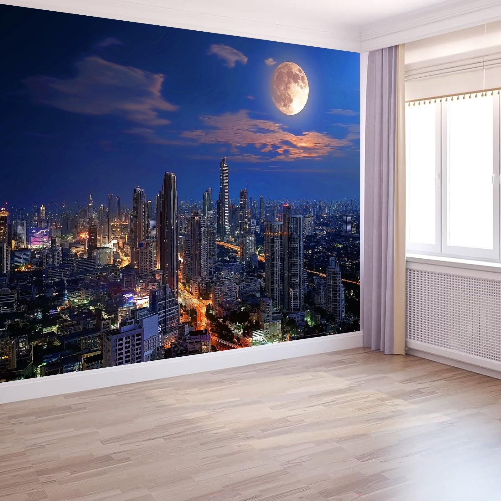 Tapeta dla dzieci Architektura miasta Mural Księżyc Chmury 350 X 256 Cmnon tkanina ścienna dla chłopców dziewcząt - nowoczesna niebieska dekoracja ścienna do mebli sypialni salonu
