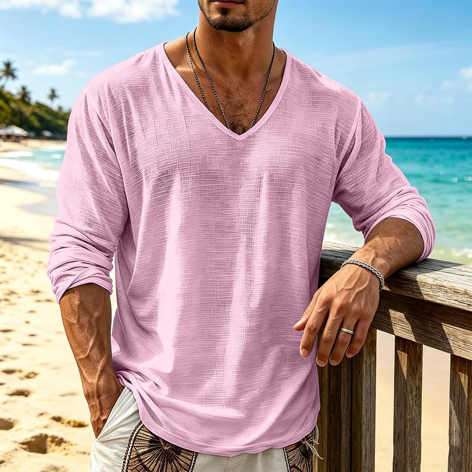 Mens Cotton Linen Shirt Loose Fit Long Sleeve Deep V Neck Summer Pullovers Lightweight Breathable Shirt
