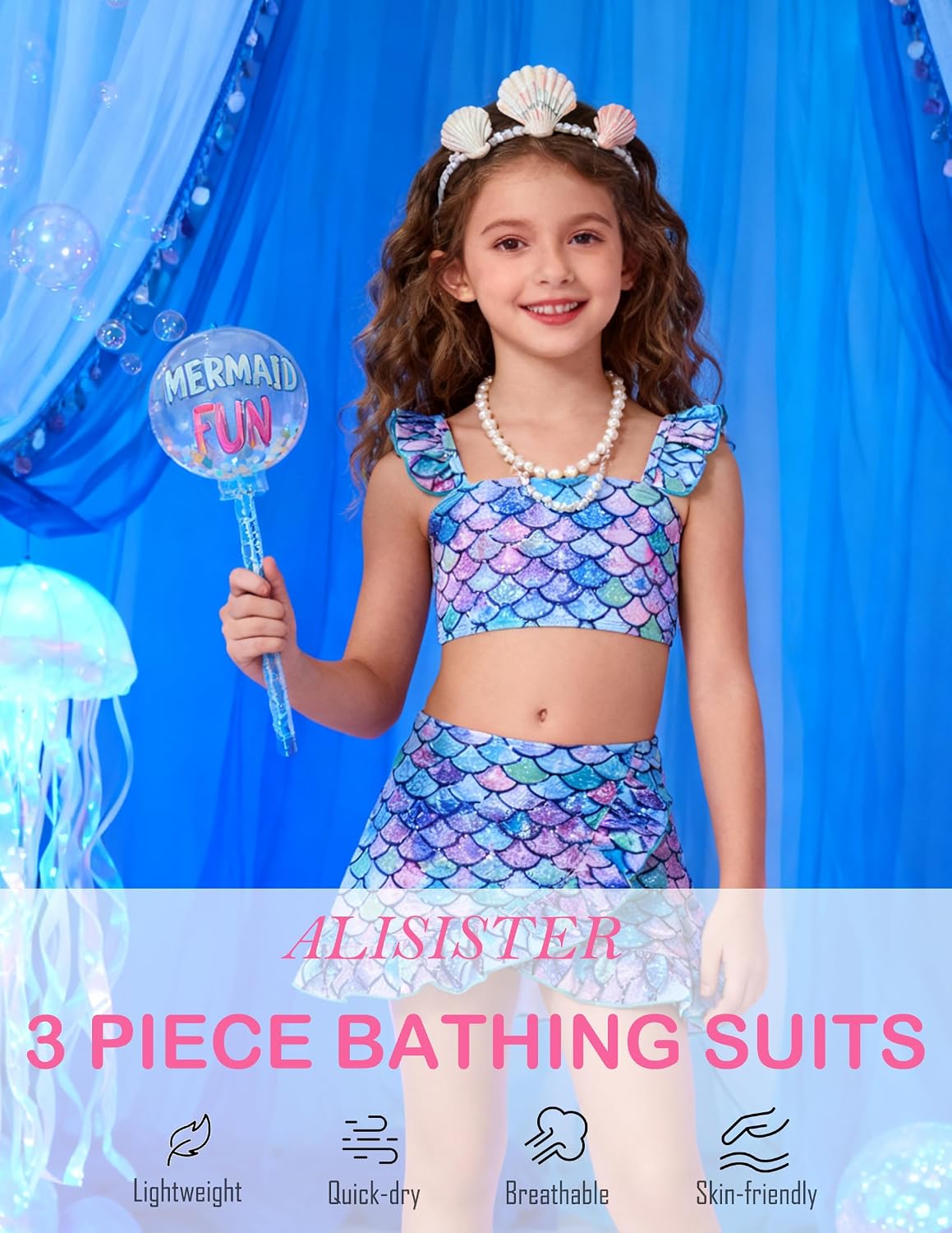 ALISISTER Girls Swimsuit 3 Piece Bathing Suits Summer Bikini Tankini Sets with Cover Up Skirt for 4-12 Years