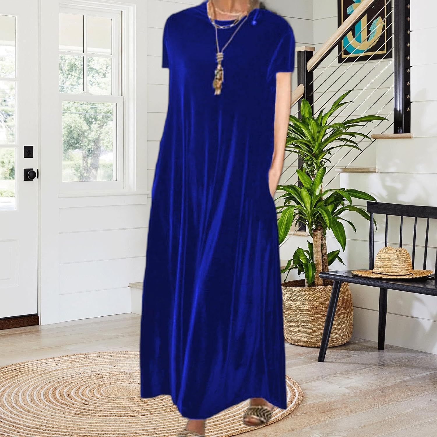 Velvet Long Sleeve Maxi Dress for Women Fall Wedding Guest Cocktail Dresses Loose Fit Crew Neck Flowy Plus Size - Image 3