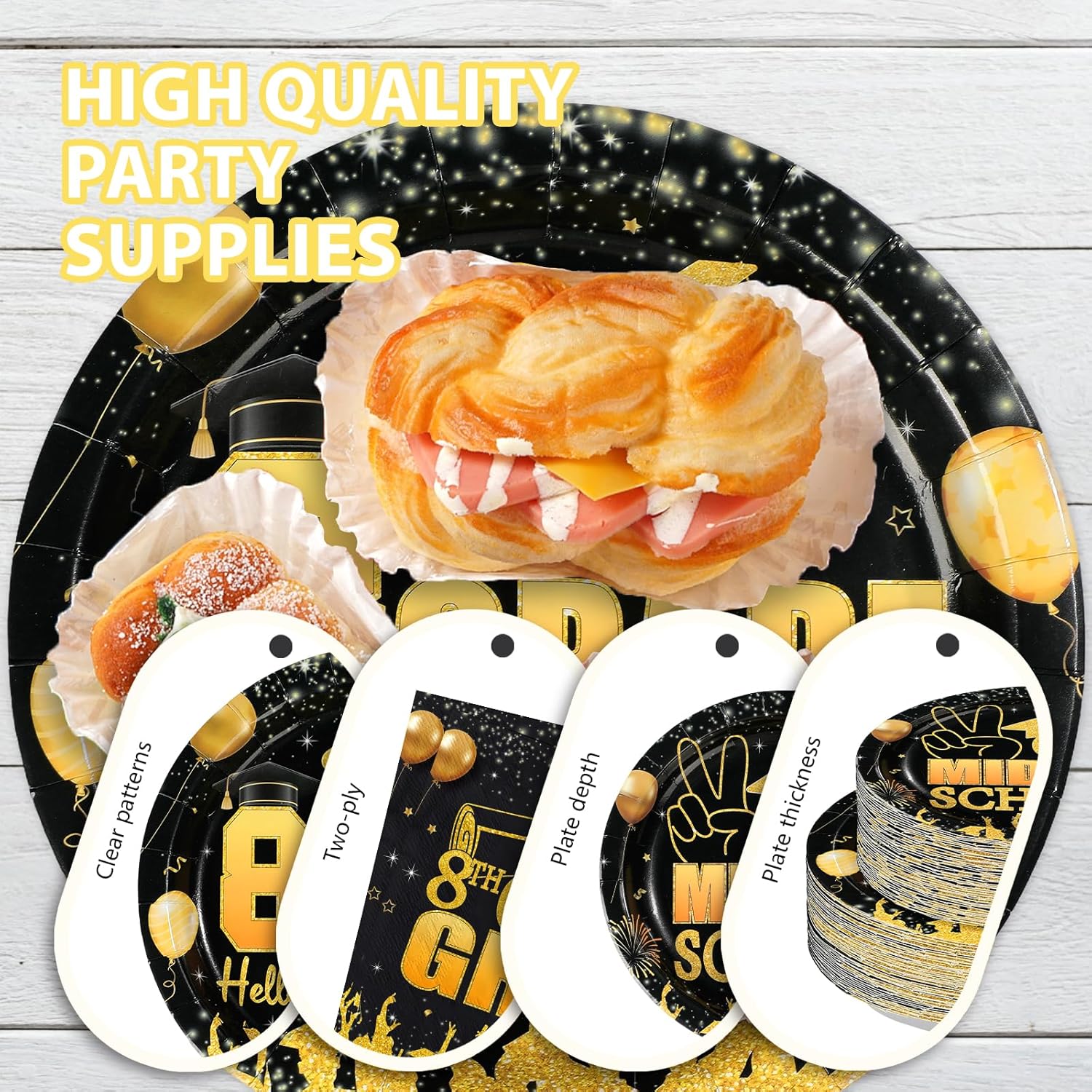 200 Pcs 8th Grade Graduation Party Decorations Bye Bye 8th Grade Hello High School Plates and Napkins Disposable Black and Gold Tableware Set for Middle School Graduation Party Supplies , Serves 50