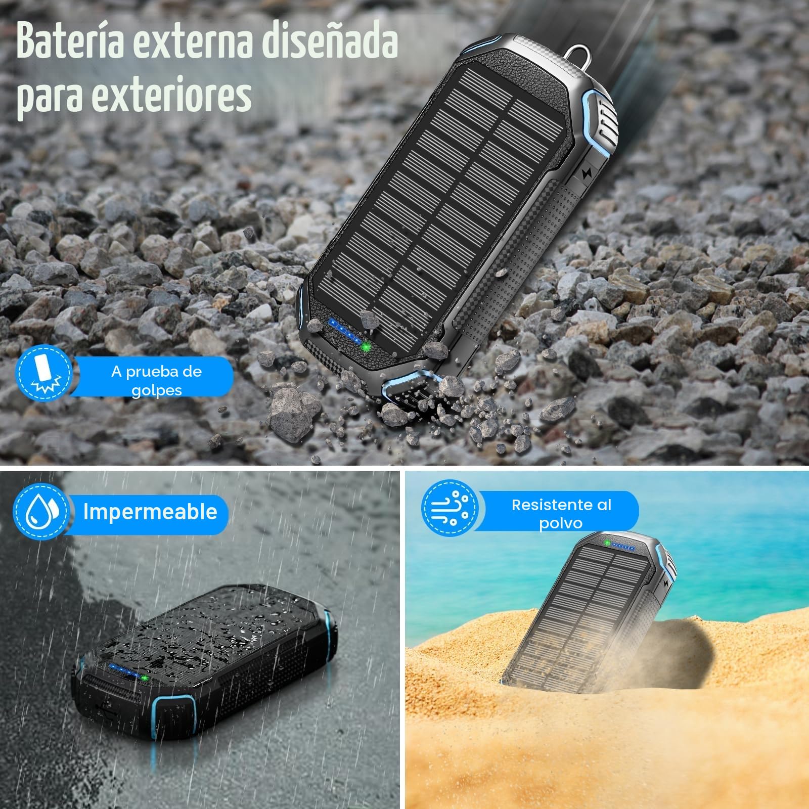 Banco de energía solar inalámbrico, 26800 mAh, con 3 cables, USB-C 15 W, carga rápida, 4 salidas, 3 entradas para teléfono móvil, cargador solar, batería externa con linterna