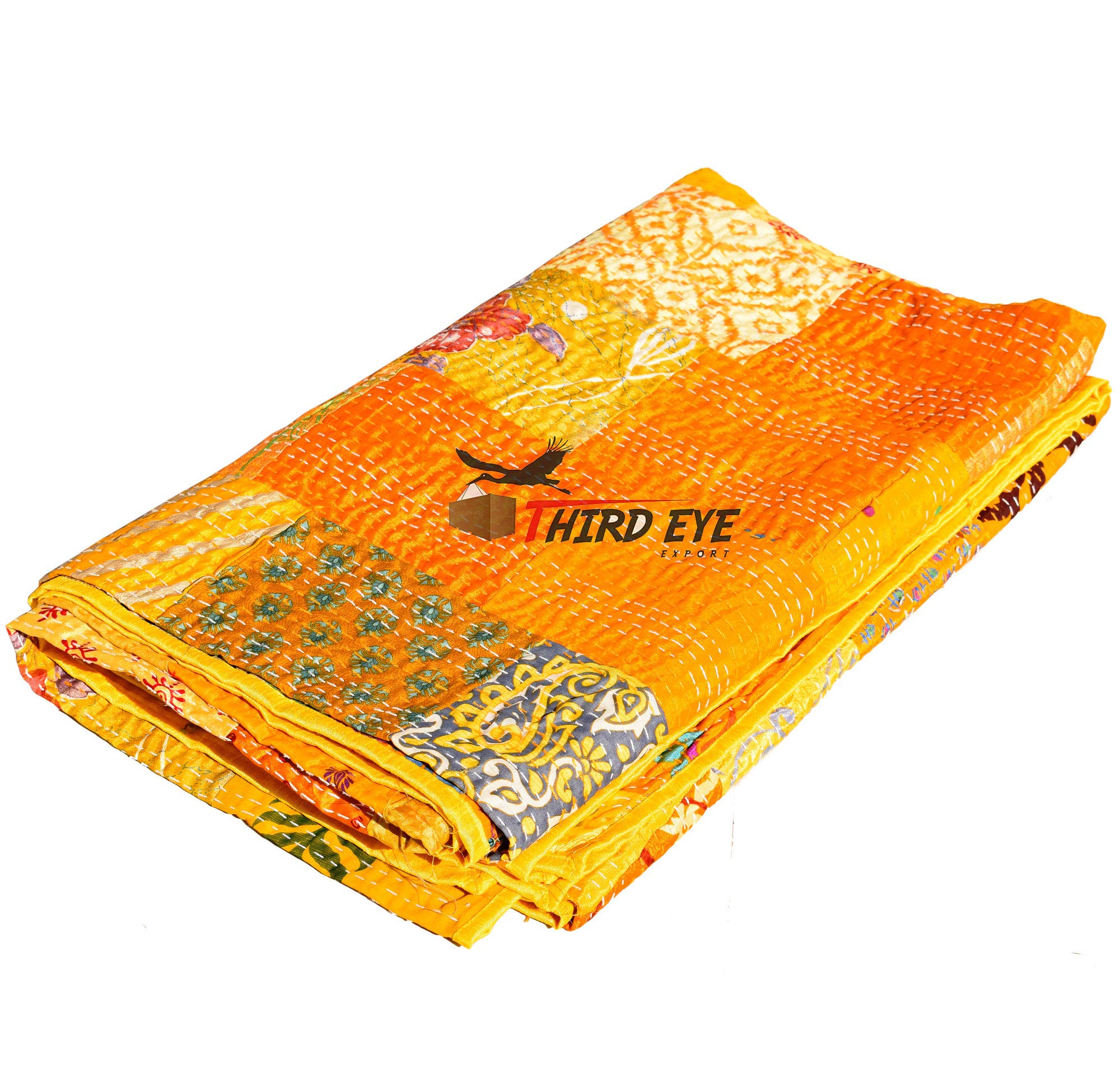 Third Eye Export Indian Queen Size Patchwork Silk Kantha Quilt 90x108 Inch Bedcover Silk Patola Quilt Throw Blanket (Yellow)