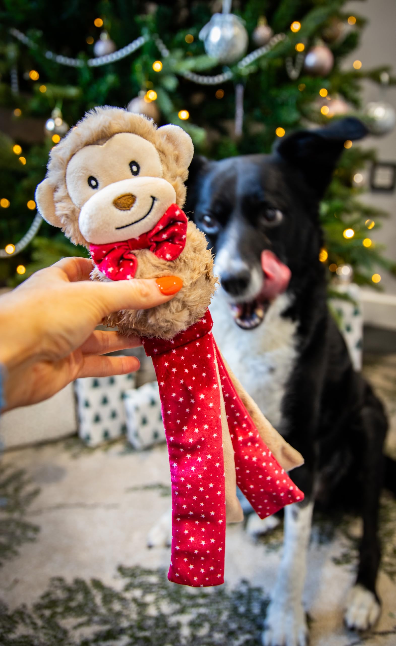 Rosewood Max Monkey Christmas Dog Toy, Festive Plush Squeaky Monkey with Tassels for Shaking, Soft - Image 2