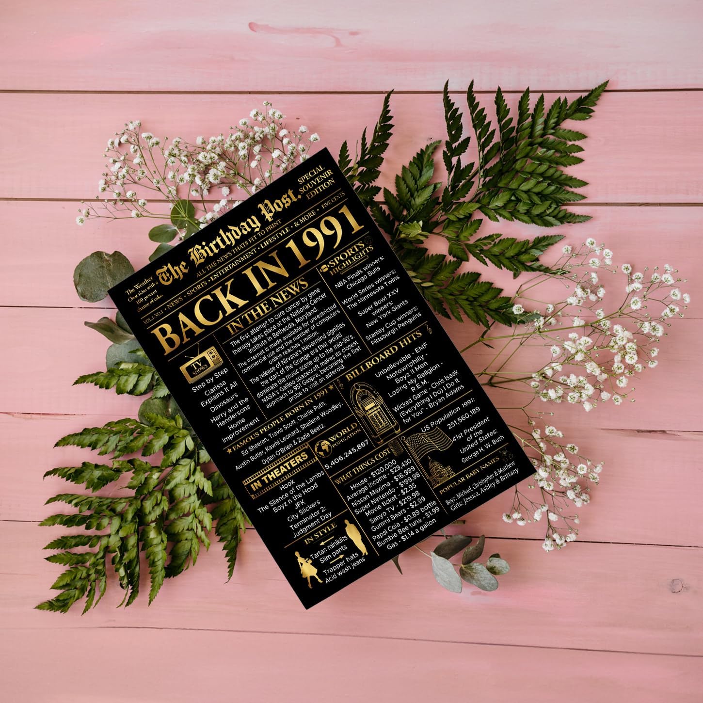 Stuff4 Gold 35th Birthday Poster Unframed - Golden Born In 1991 Newspaper - Happy 35 Birthday for Men Women Retro Vintage Gifts Back In 1991, 8x10 Inch Bday Party Decor Decoration - Image 3