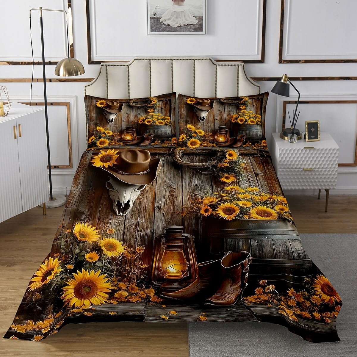 jejeloiu Kids Western Decor Bedspread King Size Wild Western Cowboy Coverlet Set for Boys Teens Decor Longhorn Skull Cowboy Shoes Rustic Quilted Coverlet Sunflower Quilted