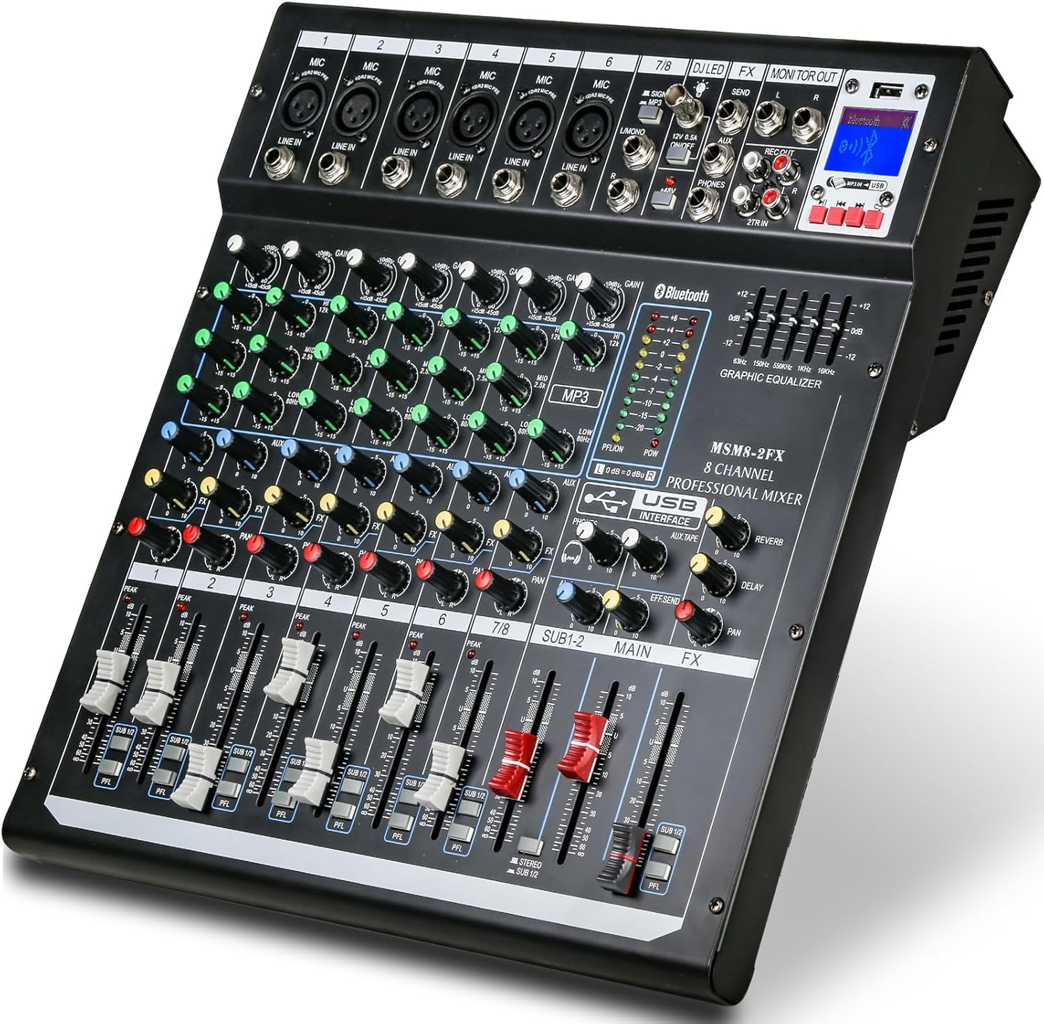 Audio Mixer Channel, Sounds Mixer for Streaming. Professional DJ Board Console 8-Channel Mic, Usb Audio Interface and 48V Phantom Power Mixer, DJ Studio Sound Board with FX Reverb Delay Effect.