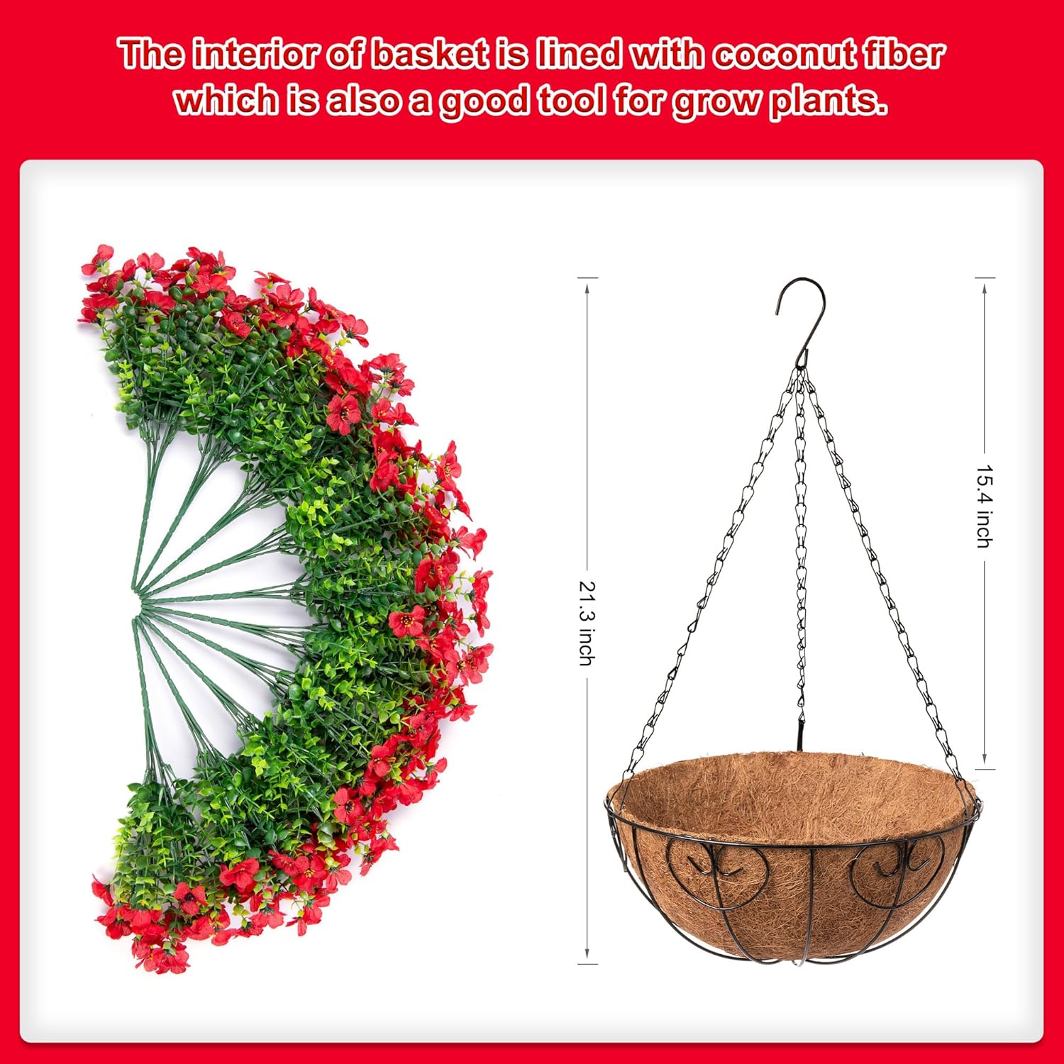 Artificial Flowers Hanging Basket for Outdoor Indoor Spring Summer Decoration,Fake Silk Colorful Daisy Eucalyptus in 12" Coconut Lining Flowerpot Arrangement for Home Patio Yard Decor(Red) - Image 3