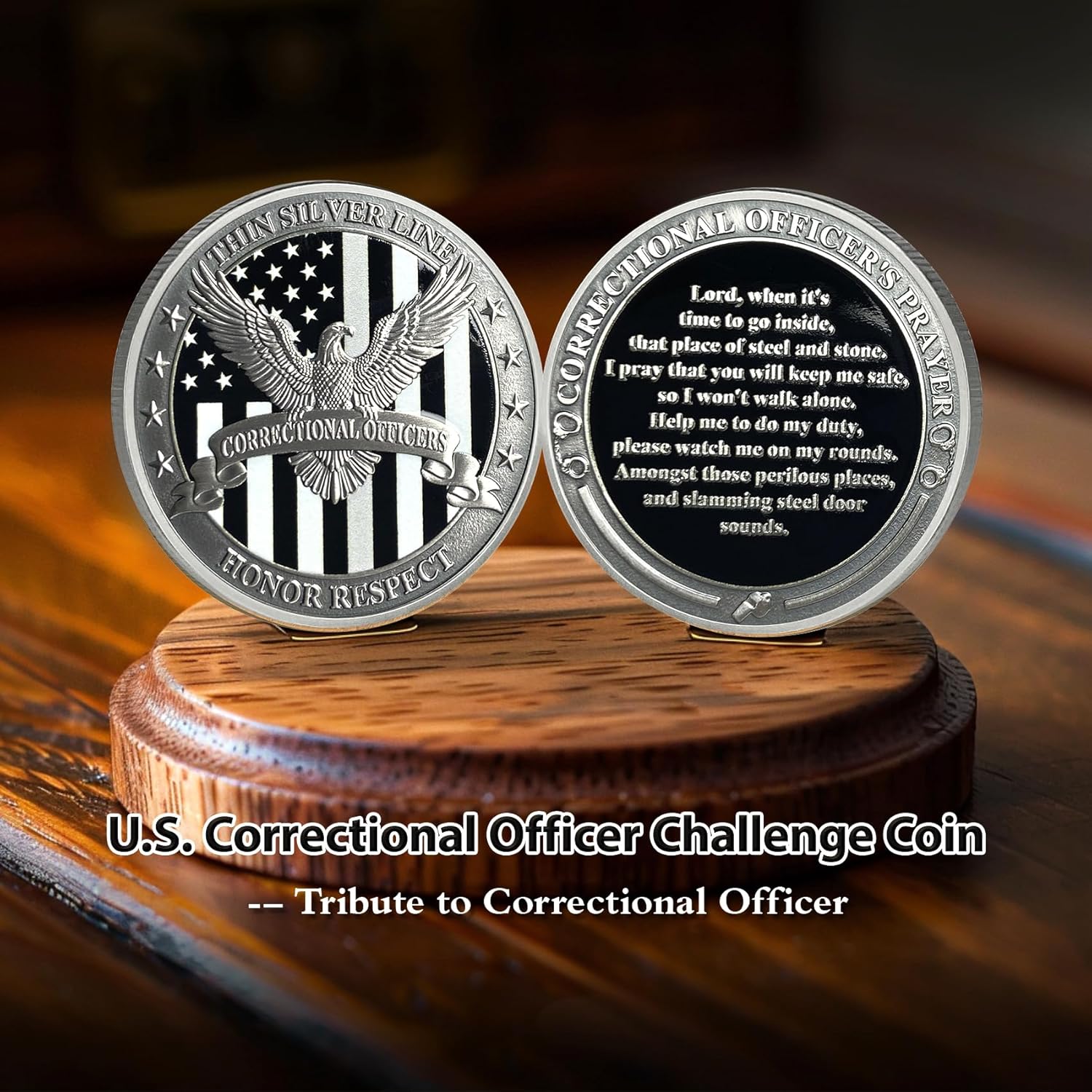 1Pcs Thin Gray Line Coin – Correctional Officer Prayer Coin with Eagle Design – Thin Blue Line Challenge Coin – Gray Prison Police Coin – Law Enforcement Appreciation Gift (Silver) (1 PCS)