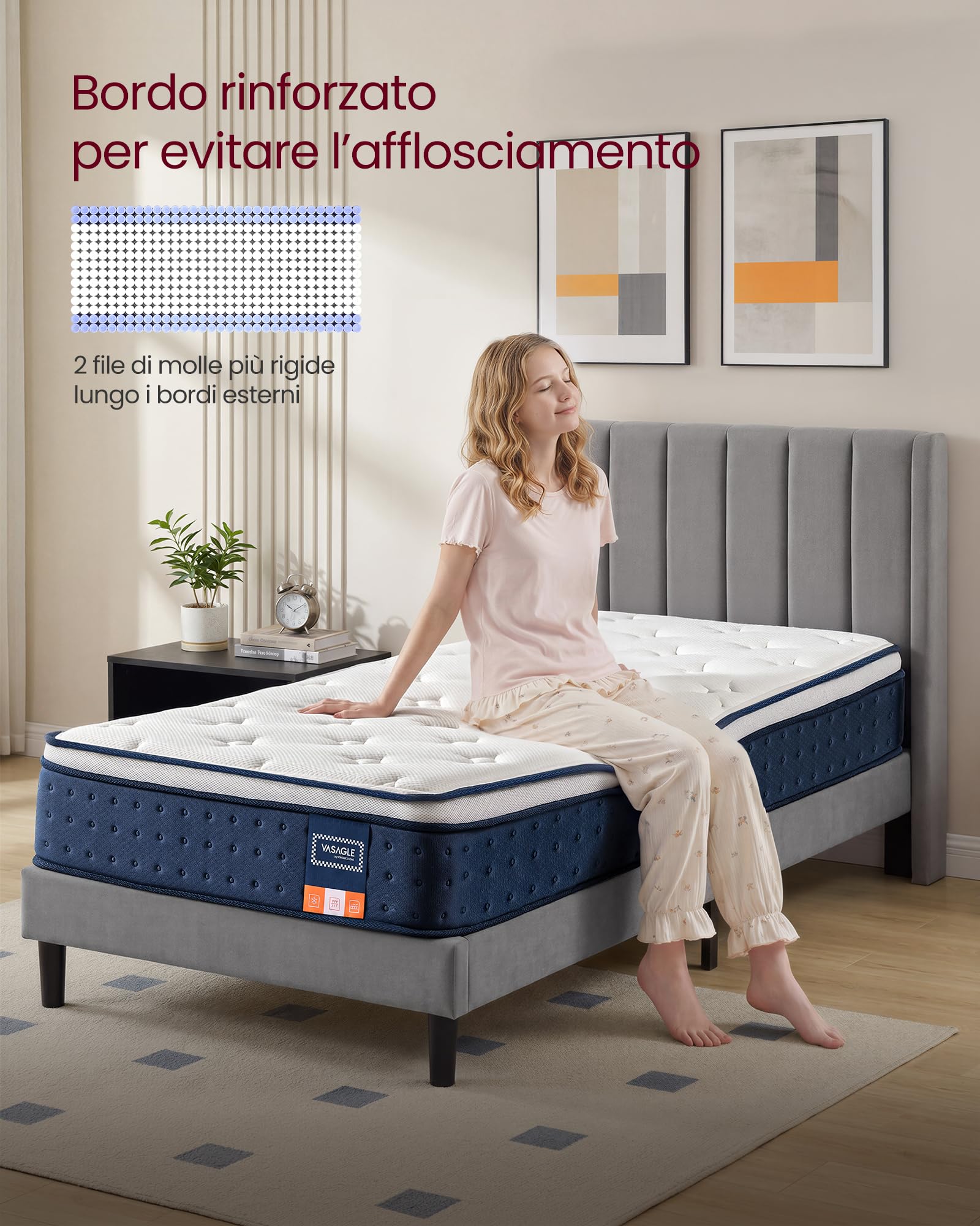 VASAGLE Materasso Singolo 80 x 190 x 25 cm Ibrido, Molle Insacchettate e Memory Foam con Gel, Medio Morbido, 7 Zone, Bordo Rinforzato, Isolamento dal Movimento, Traspirante, Blu RMZ202QZ02