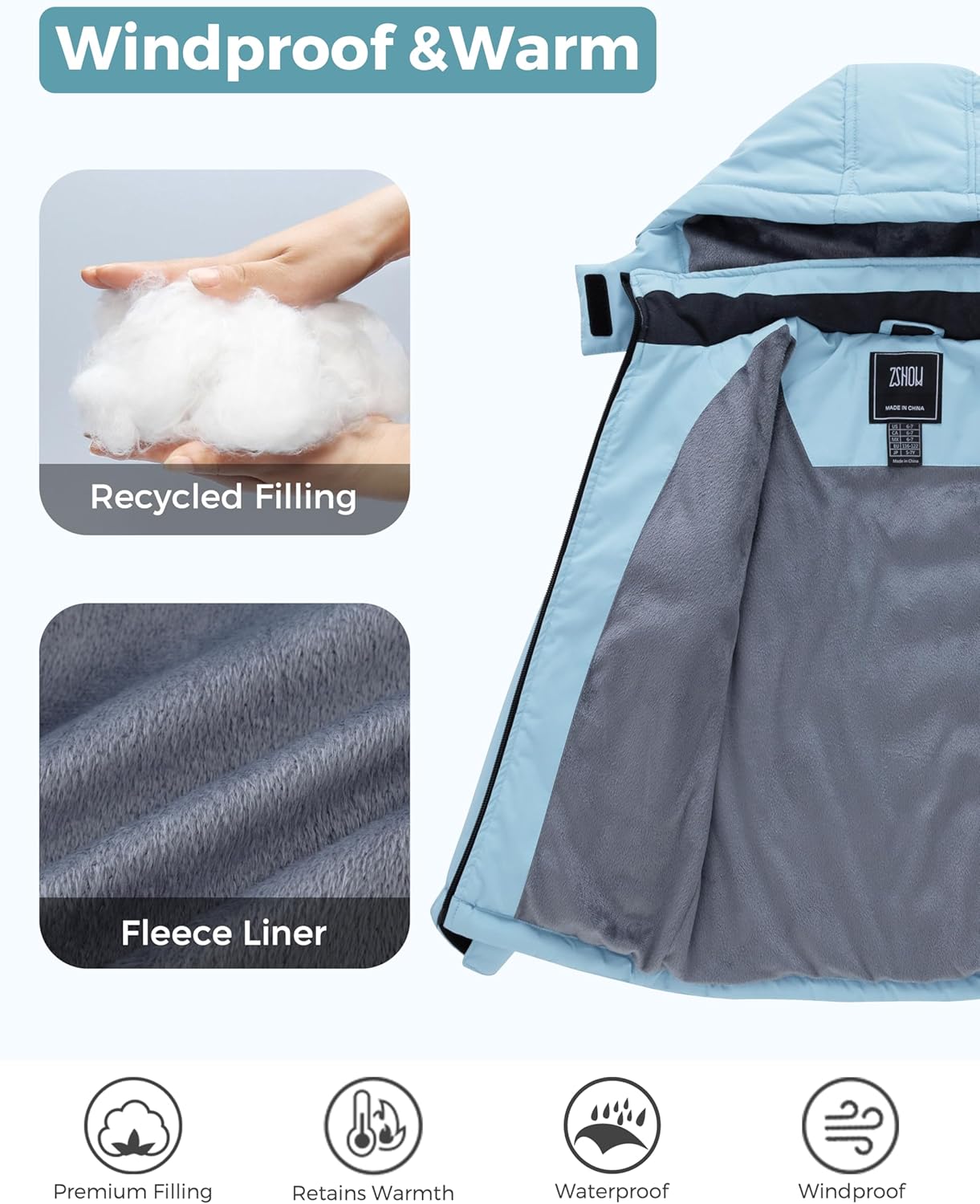 ZSHOW Girl's Waterproof Ski Jacket Thick Padded Warm Winter Coat Hooded Snowboarding Jacket