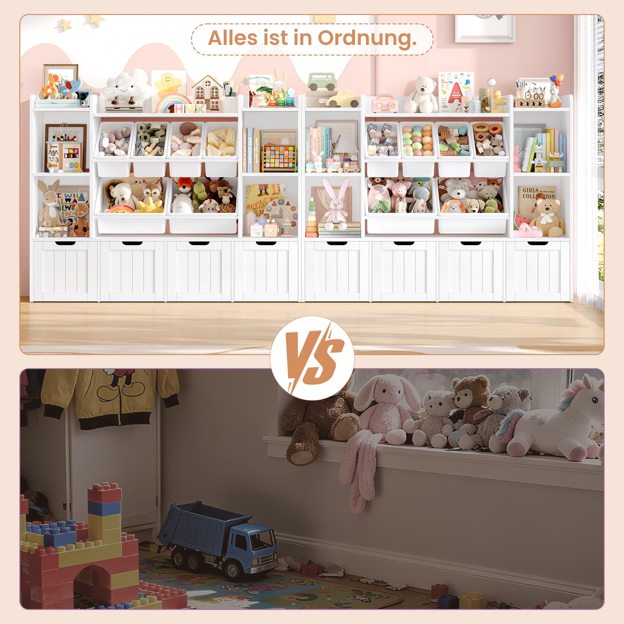 FOREHILL 140cm Breit Kinderregal mit 10 Boxen, Kinderzimmer Möbel Weiß | Kinderregal mit 4 boxen auf Rollen, Kinderschrank, Spielzeug Aufbewahrung, Regal für Kinderzimmer, Kindergarten, 140x30x106cm