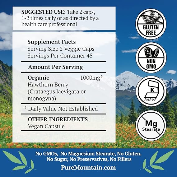 Pure Mountain Botanicals Hawthorn Berry Capsules - 1000mg Organic | Hawthorne, 90 vegan kosher caps, whole powder formula, non-GMO, gluten free, KOF-K certified