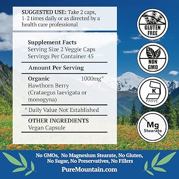 Pure Mountain Botanicals Hawthorn Berry Capsules - 1000mg Organic | Hawthorne, 90 vegan kosher caps, whole powder formula, non-GMO, gluten free, KOF-K certified