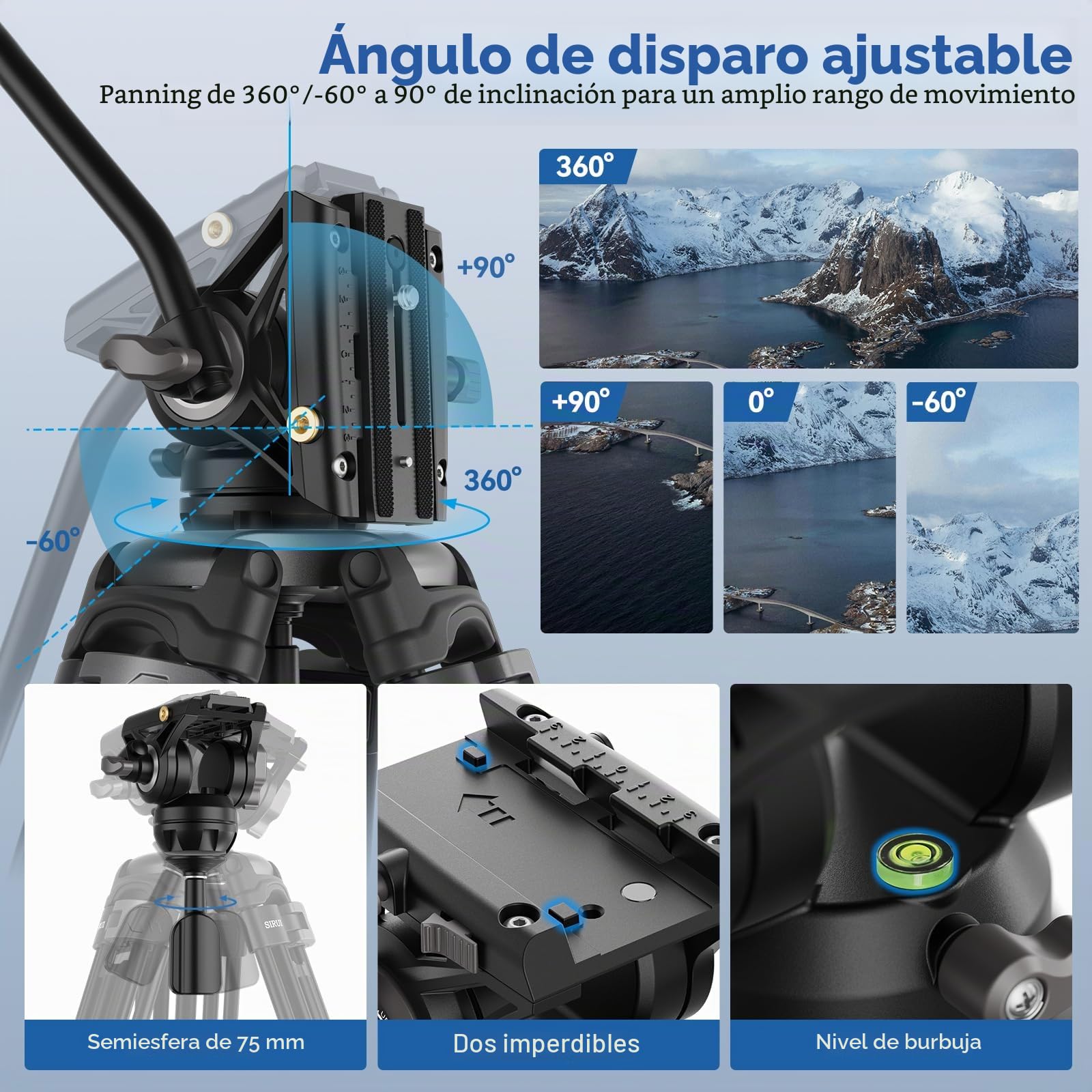 SIRUI 74.8" Trípode de Video de Aluminio con Cabeza Fluida 360°, AVT-02 | Extensión Rápida, Movimientos de paneo de 360° e inclinación de +90°/-60°, para Cámaras DSLR/Mirrorless, Carga 10kg