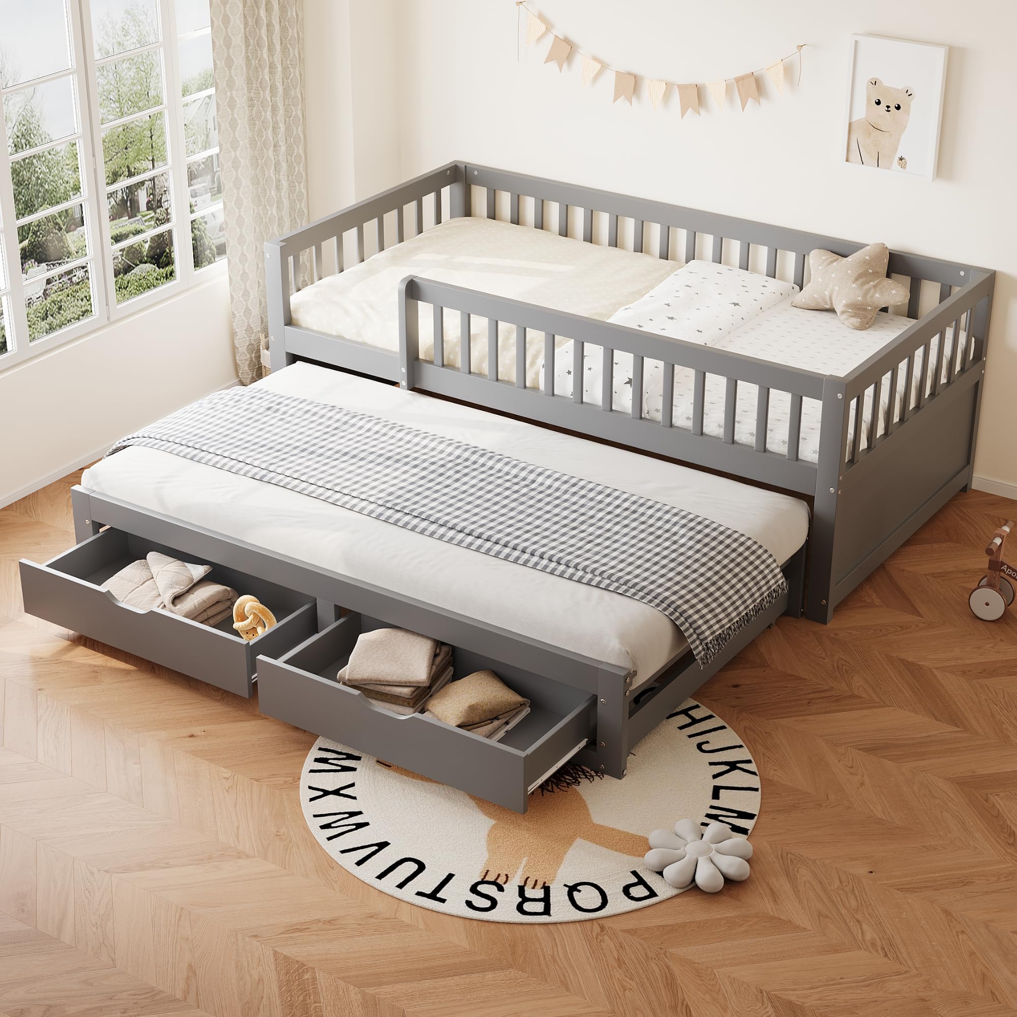 Kebnor Divano letto in legno massiccio, rete di sicurezza completamente rivestita, letto estraibile con 2 cassetti sottostanti, con rete a doghe, lettino per ragazzi e adulti (grigio, 90 x 200 cm)
