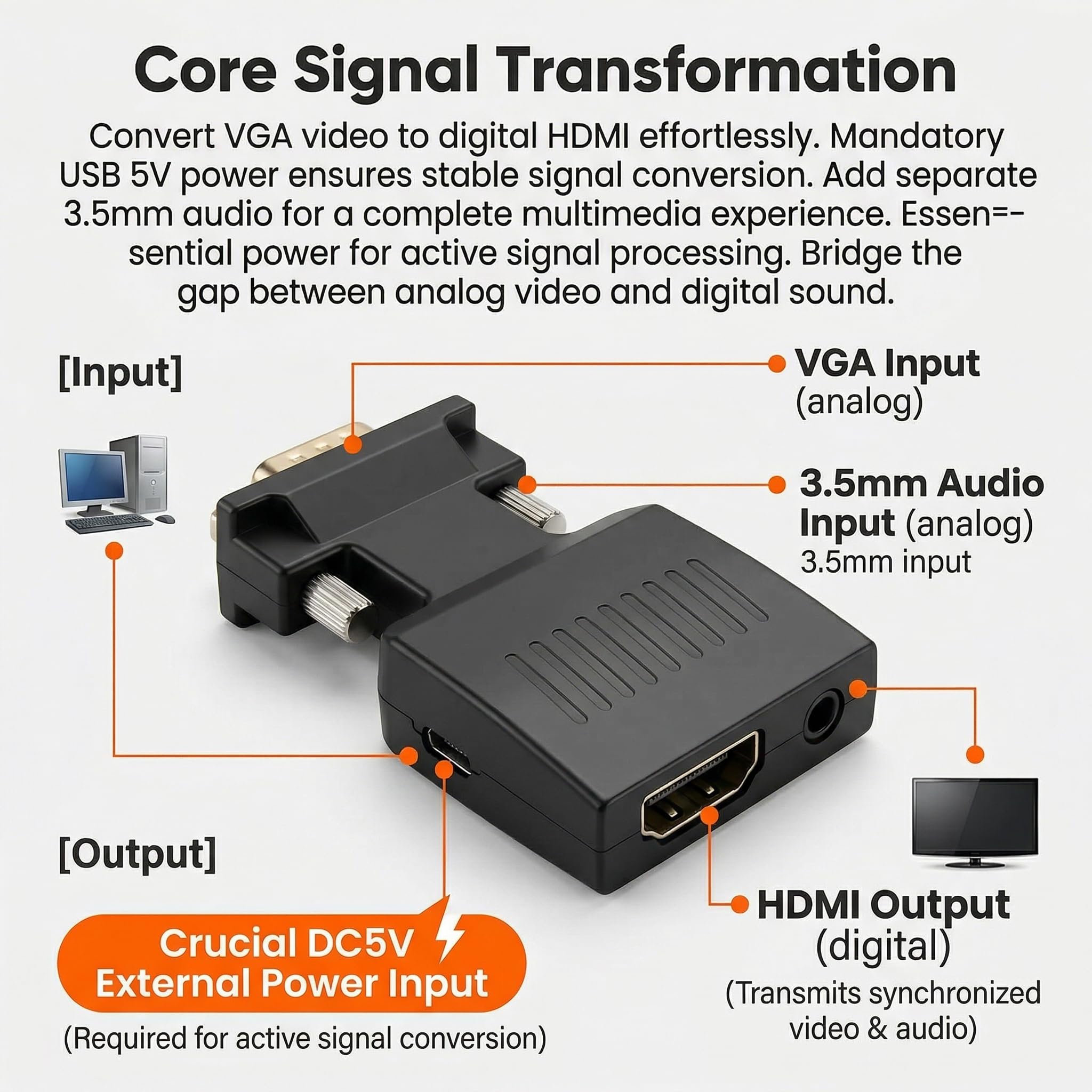 Adaptateur VGA vers HDMI 1080P 60Hz avec Câble Audio 3,5 mm Convertisseur Actif